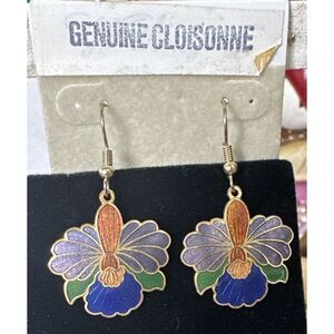 Cloisonne Enameled‎ Blue & Purple Green Orchid Hook Pierced Earrings